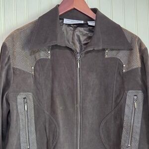 Studio‎ G Sport Jacket Womens XL Brown Microfiber Faux Suede Zip Pockets Studded